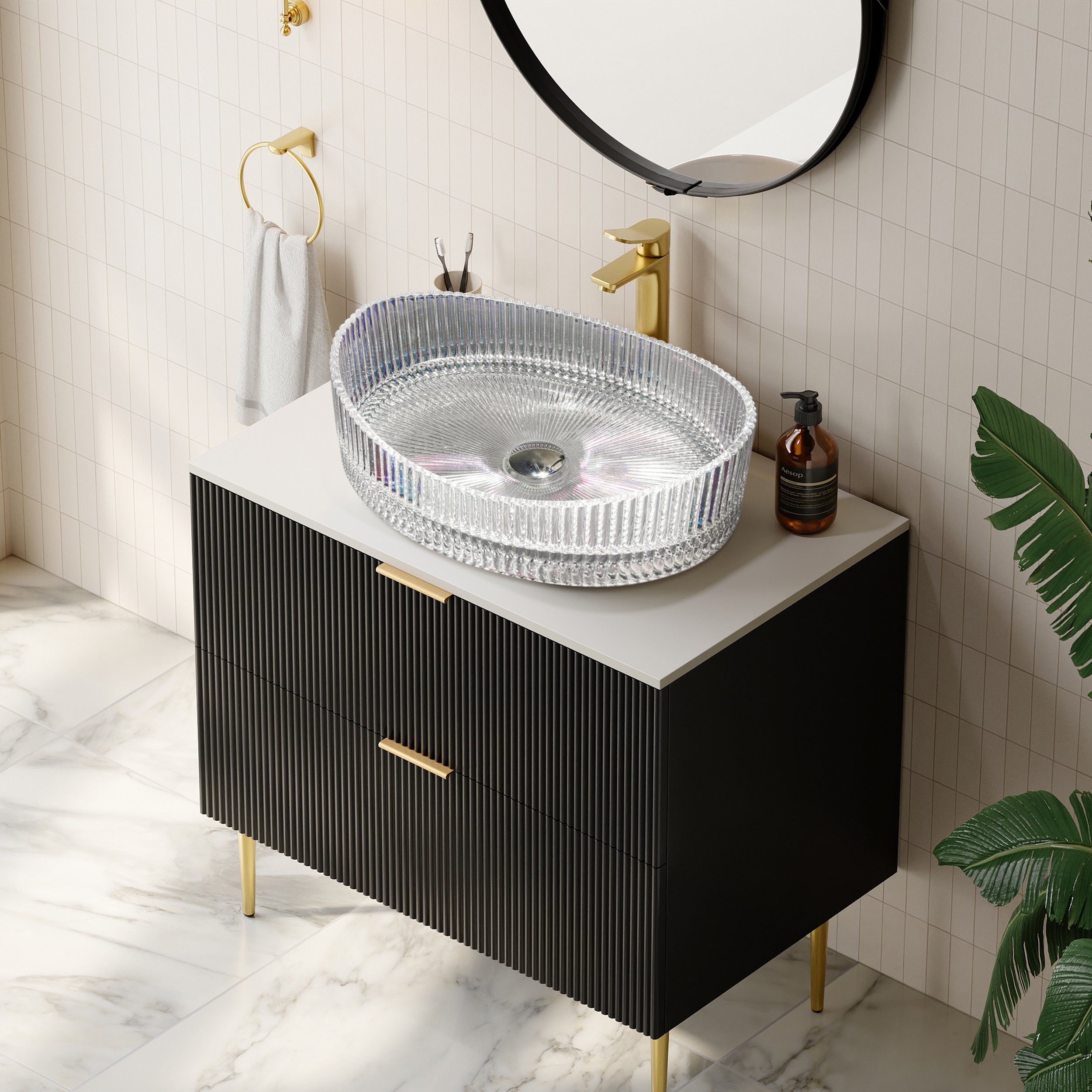 HMR - 25" Crystal Glass Vessel Sink Oval Transparent Fluted Washbasin