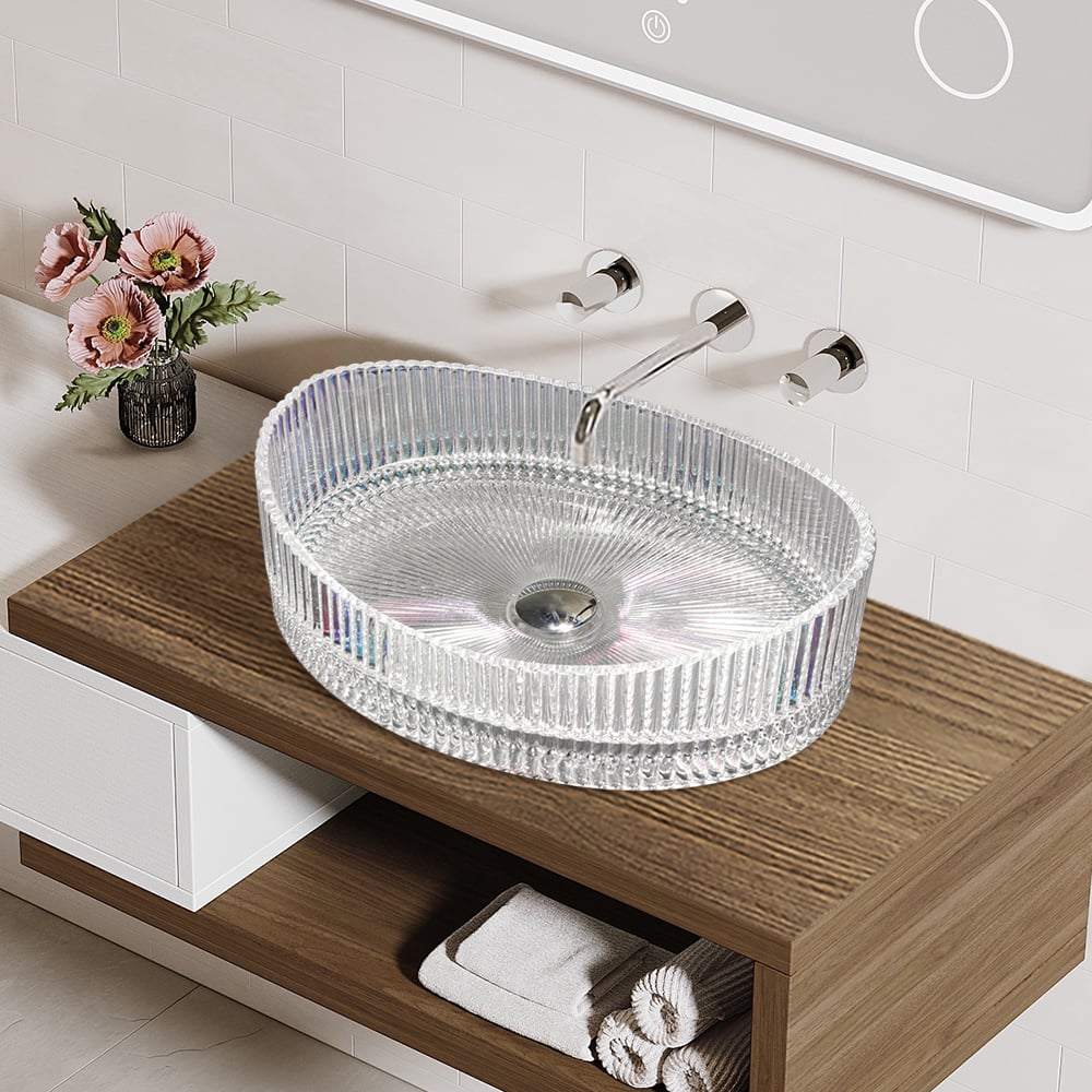 HMR - 25" Crystal Glass Vessel Sink Oval Transparent Fluted Washbasin