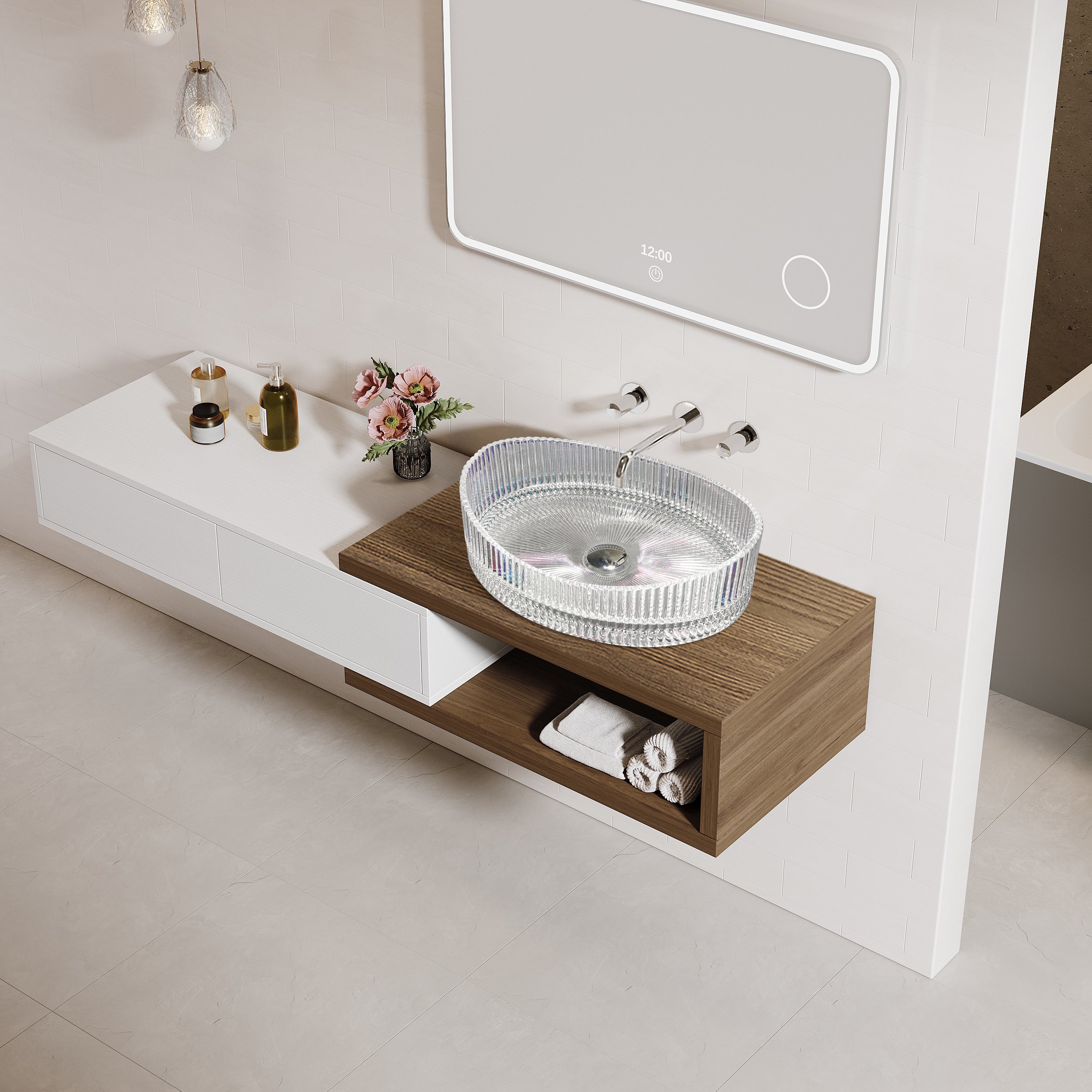 HMR - 25" Crystal Glass Vessel Sink Oval Transparent Fluted Washbasin