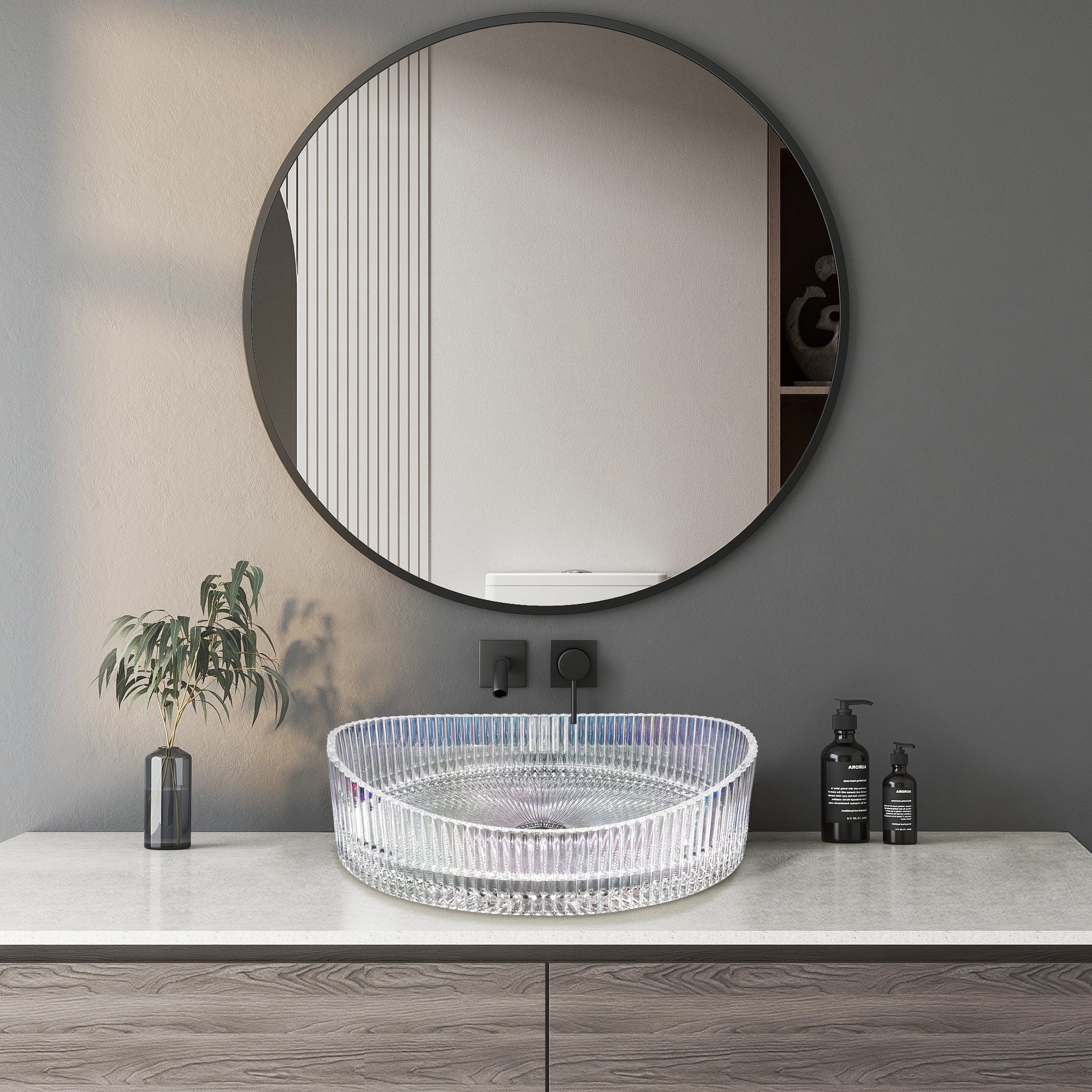HMR - 25" Crystal Glass Vessel Sink Oval Transparent Fluted Washbasin