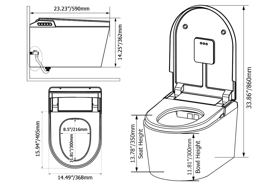 HMR - Automatic Wall-Mounted Smart Bidet Toilet with UV Sterilization Feature 1.58 GPF