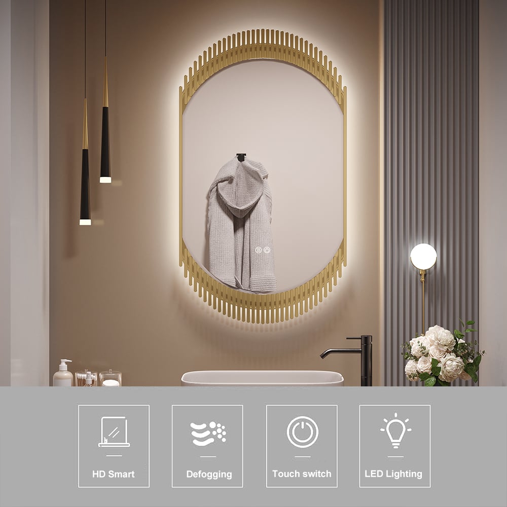 HMR - 20" Oval Decor LED Bathroom Mirror Wall-Mounted Defog in Gold