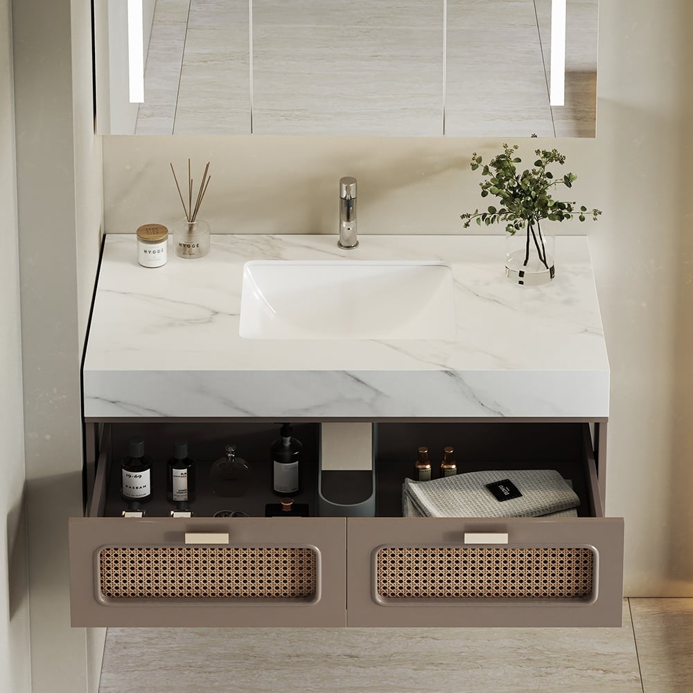 HMR - 35" Floating Single Bathroom Vanity with Faux Marble Top Rattan Door