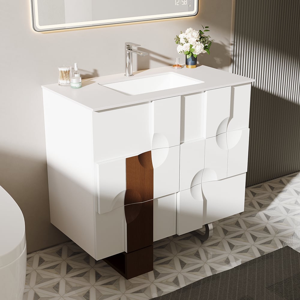 HMR - 35" Freestanding Bathroom Vanity with Ceramics Undermount Sink in White & Walnut