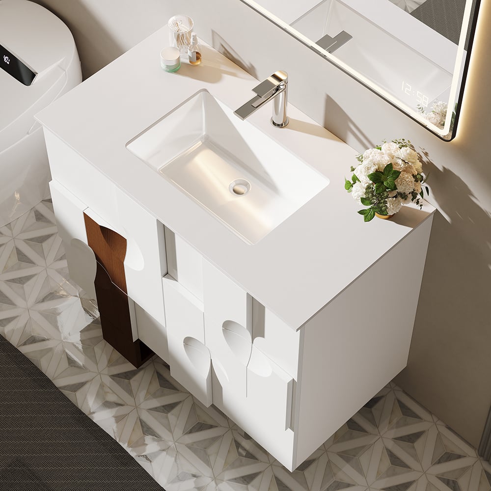 HMR - 35" Freestanding Bathroom Vanity with Ceramics Undermount Sink in White & Walnut