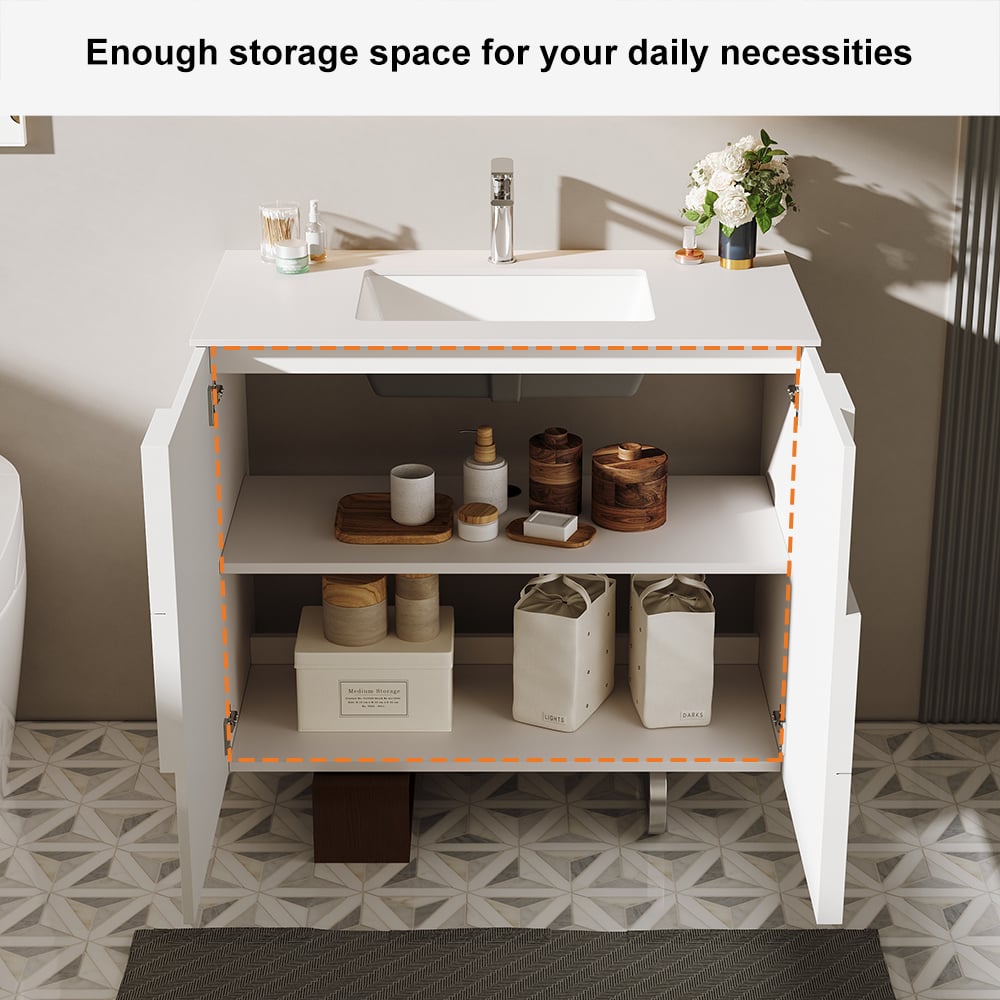 HMR - 35" Freestanding Bathroom Vanity with Ceramics Undermount Sink in White & Walnut