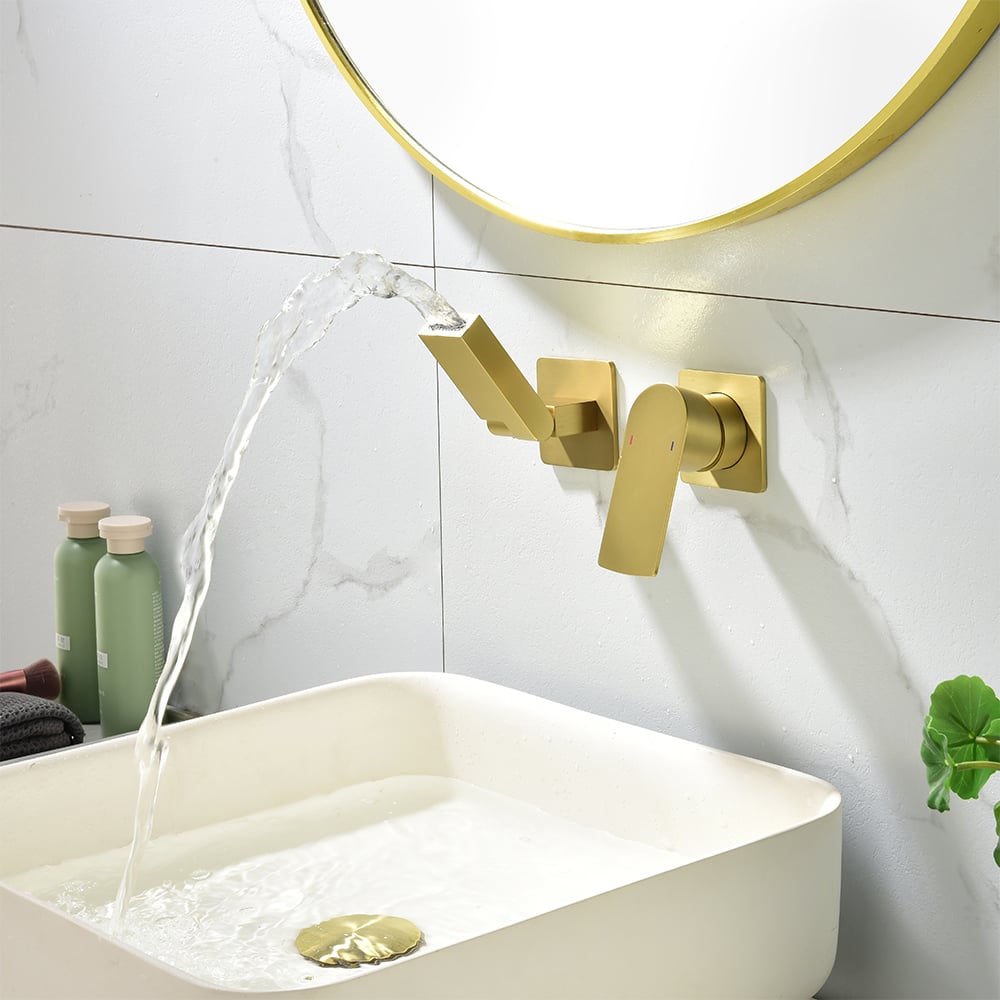 HMR - Brushed Gold Waterfall Bathroom Sink Faucet with Swirling Spout Wall-Mounted Solid Brass