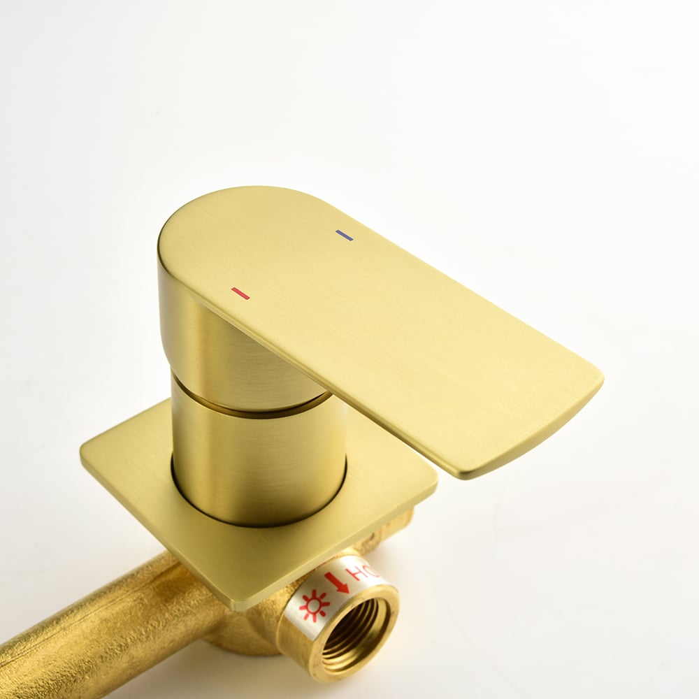 HMR - Brushed Gold Waterfall Bathroom Sink Faucet with Swirling Spout Wall-Mounted Solid Brass