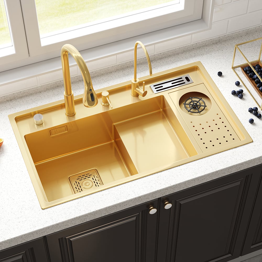 HMR Drop-in Kitchen Sink Workstation With High-pressure Cup Washer Stainless Steel - Gold