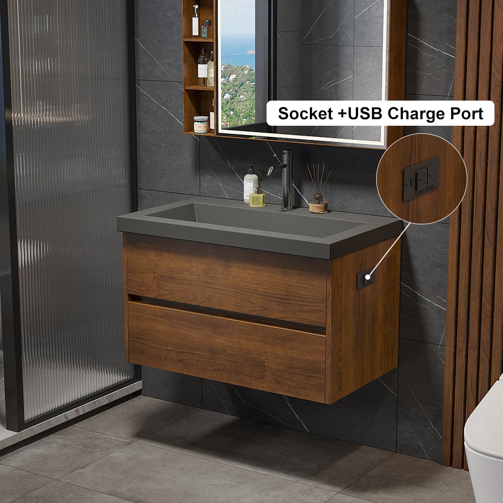 HMR - Bathroom Vanity Set 31.5" Modern Floating Concrete Bathroom Vanity Walnut with Sink
