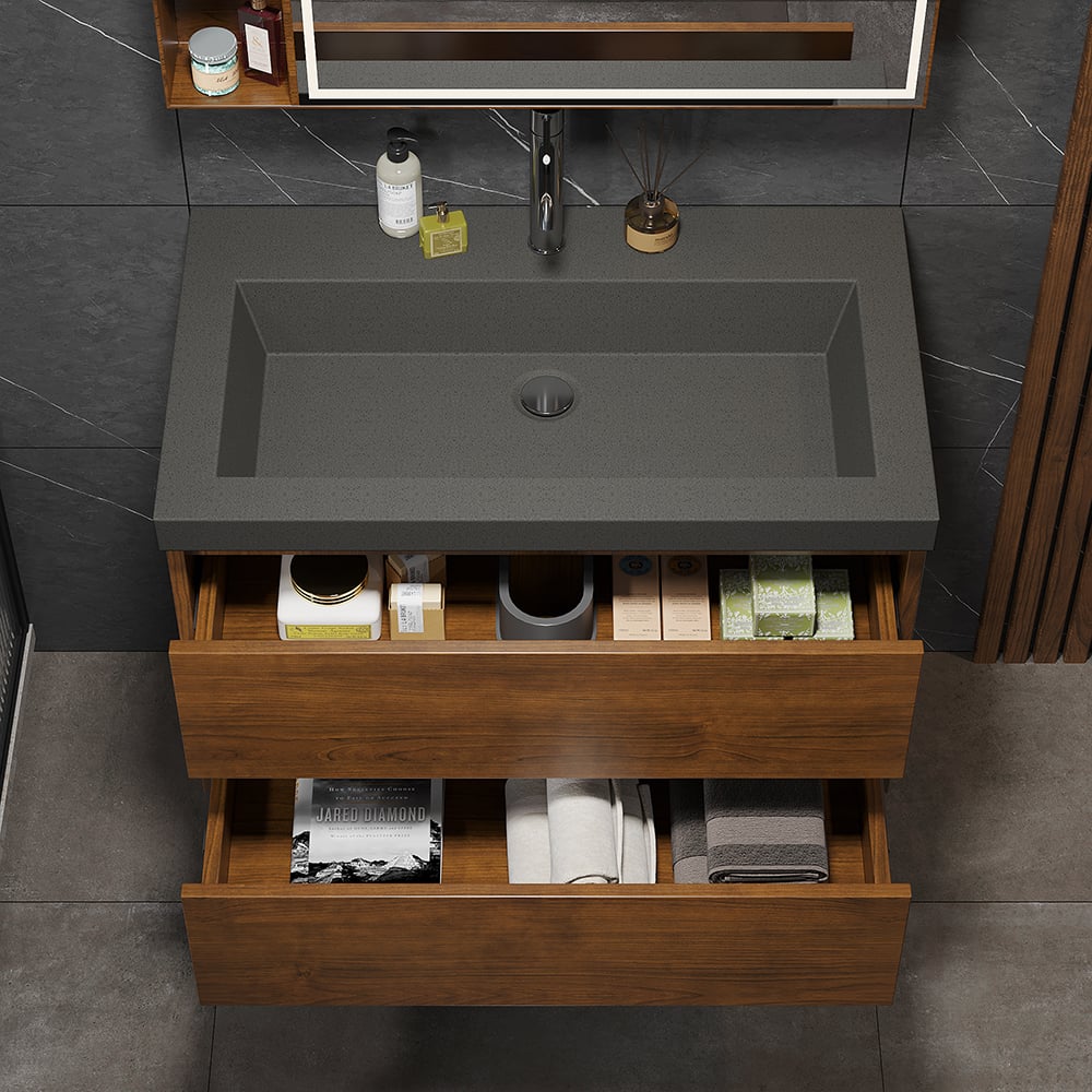 HMR - Bathroom Vanity Set 31.5" Modern Floating Concrete Bathroom Vanity Walnut with Sink