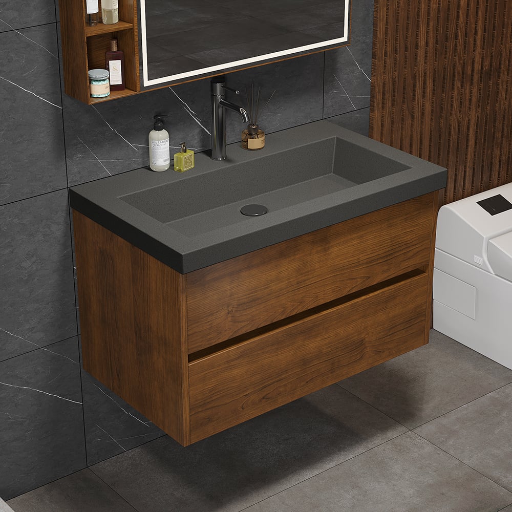 HMR - Bathroom Vanity Set 31.5" Modern Floating Concrete Bathroom Vanity Walnut with Sink