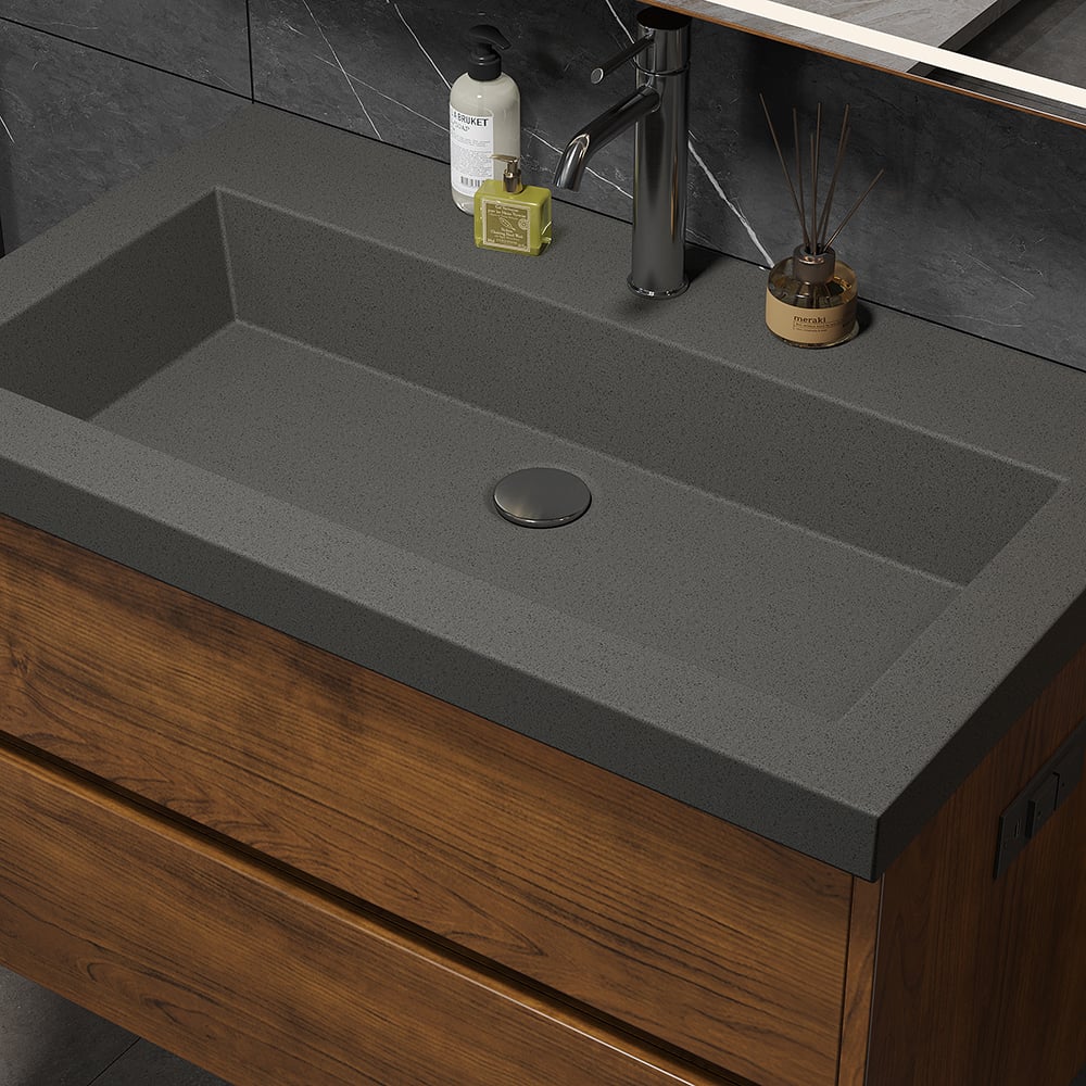 HMR - Bathroom Vanity Set 31.5" Modern Floating Concrete Bathroom Vanity Walnut with Sink