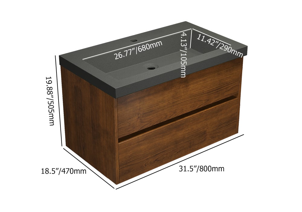 HMR - Bathroom Vanity Set 31.5" Modern Floating Concrete Bathroom Vanity Walnut with Sink