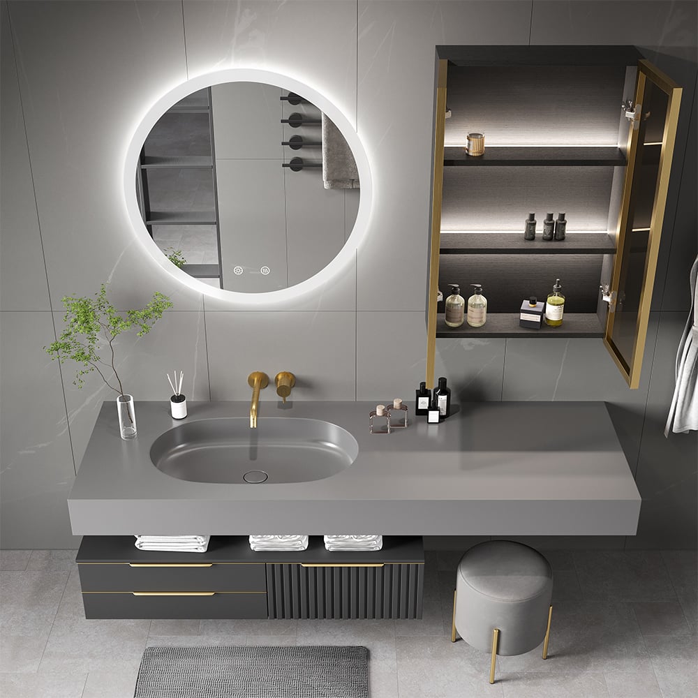 HMR - Black Modern Bathroom Mirror with Side Cabinet & Glass Door Wall-mounted
