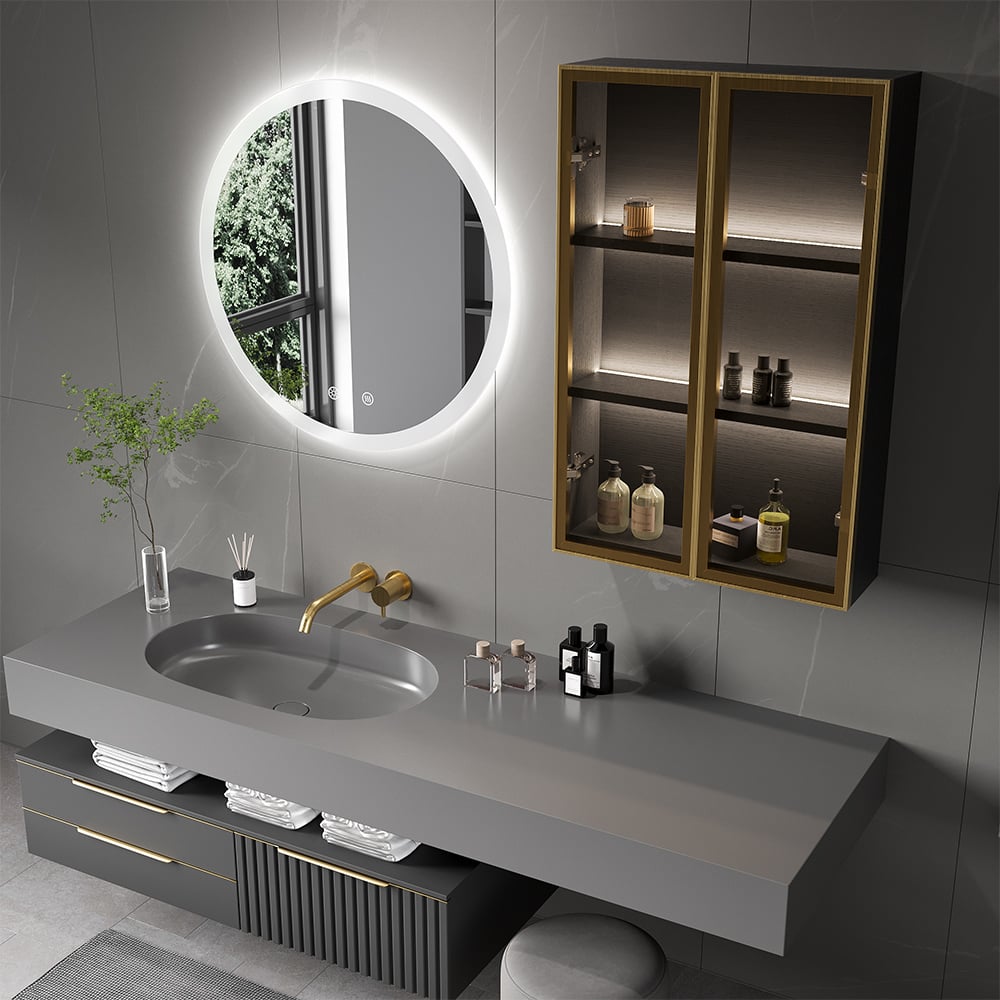 HMR - Black Modern Bathroom Mirror with Side Cabinet & Glass Door Wall-mounted