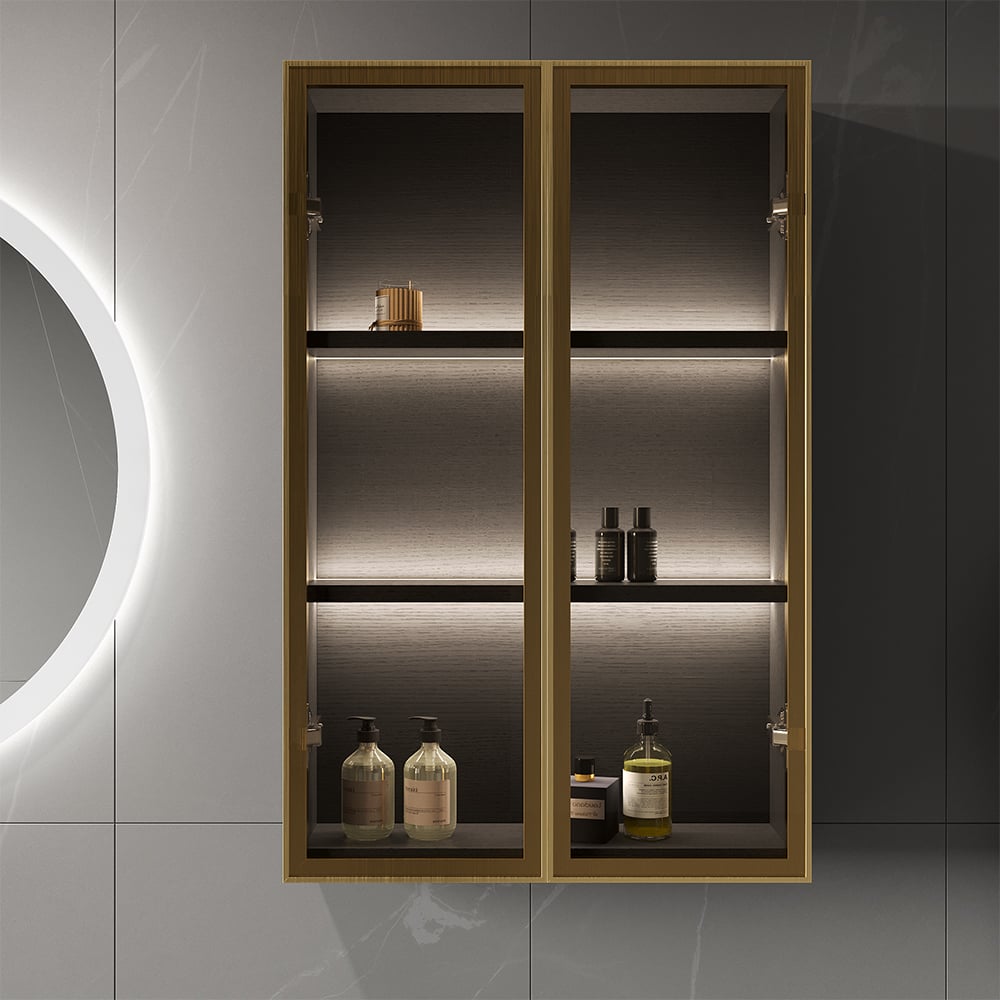 HMR - Black Modern Bathroom Mirror with Side Cabinet & Glass Door Wall-mounted