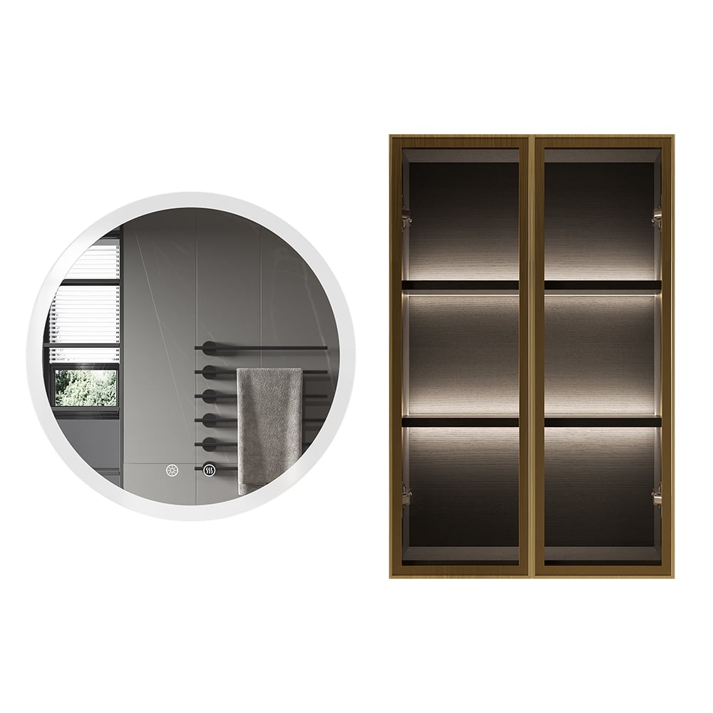 HMR - Black Modern Bathroom Mirror with Side Cabinet & Glass Door Wall-mounted