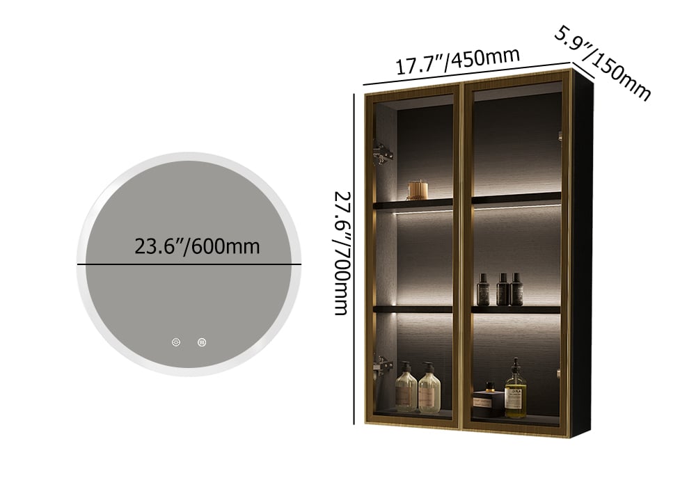 HMR - Black Modern Bathroom Mirror with Side Cabinet & Glass Door Wall-mounted