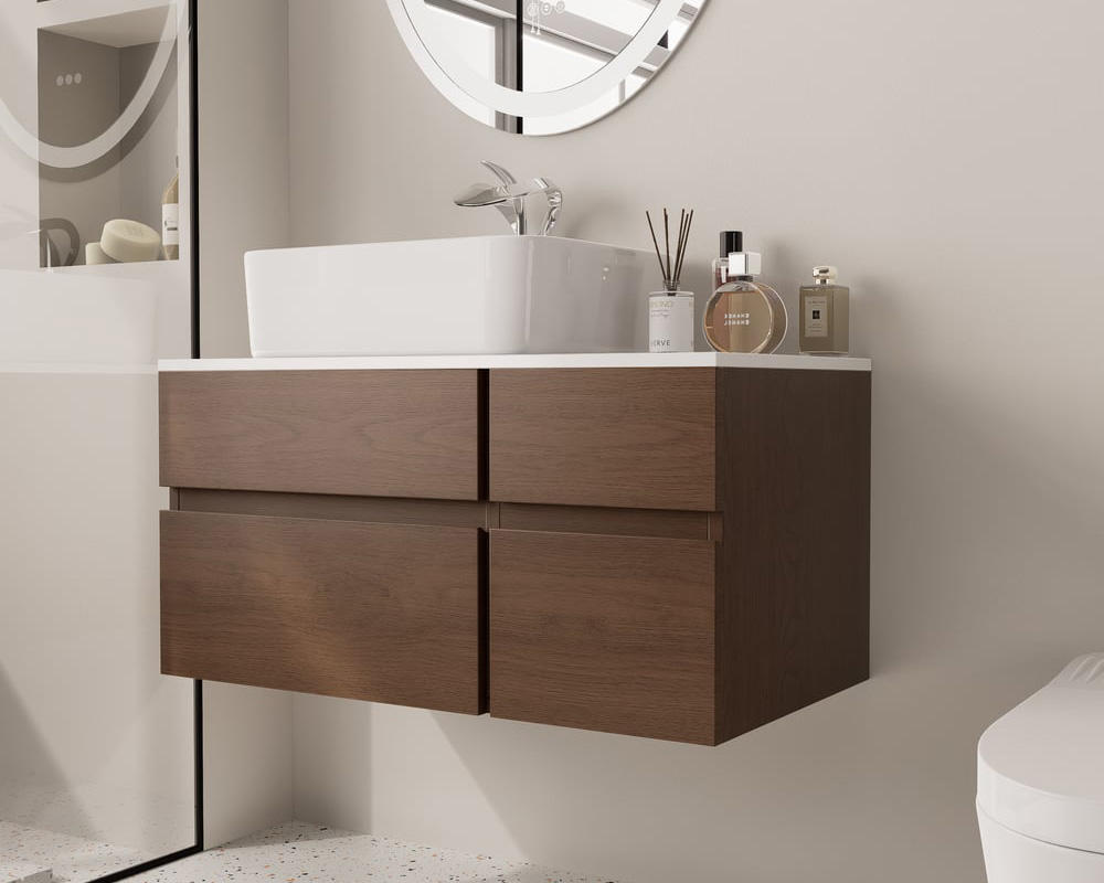 HMR Modern Floating Bathroom Vanity Set with Faux Marble Top & Double Ceramic with Vessel Sink - Walnut, 31.5"