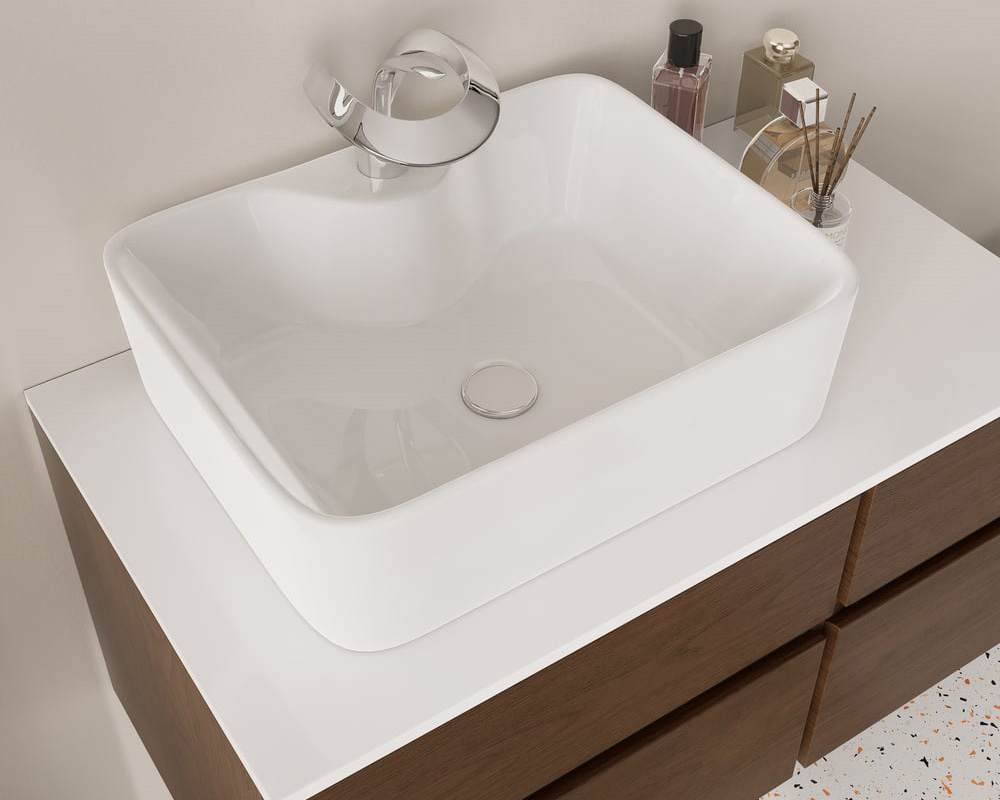 HMR Modern Floating Bathroom Vanity Set with Faux Marble Top & Double Ceramic with Vessel Sink - Walnut, 31.5"