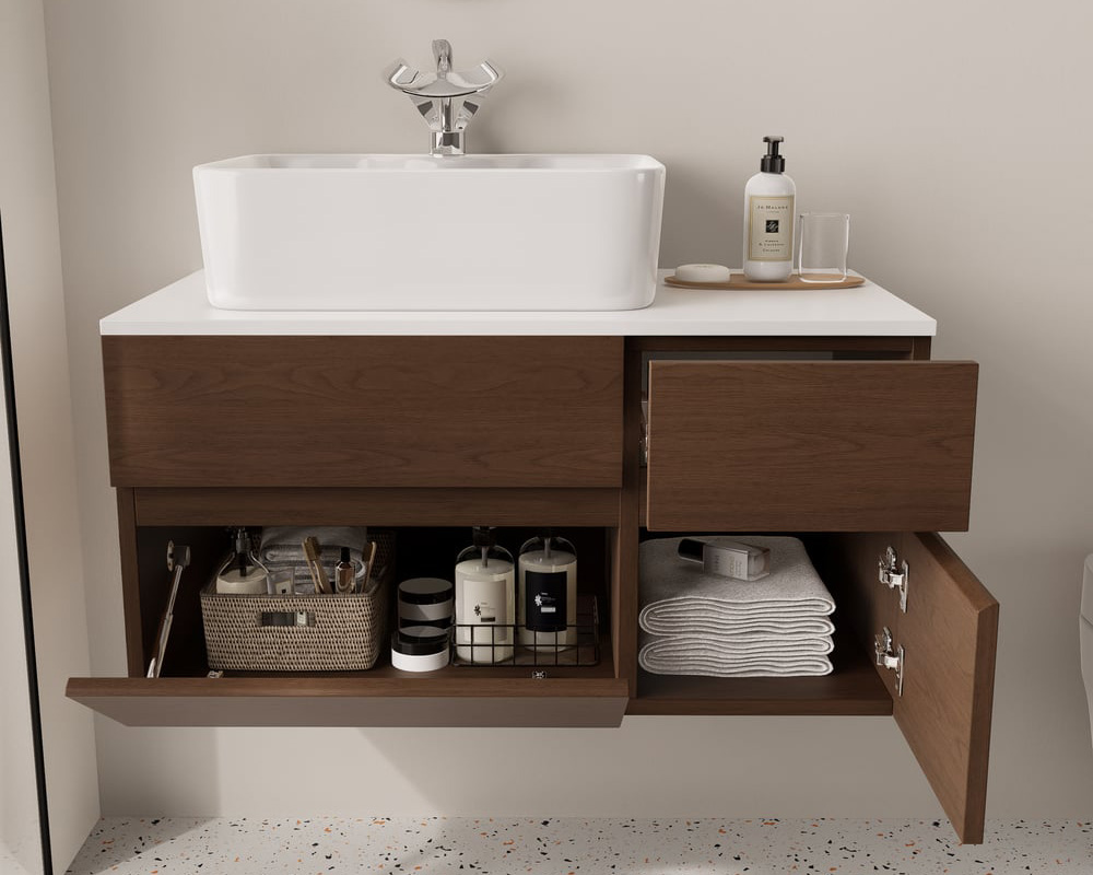 HMR Modern Floating Bathroom Vanity Set with Faux Marble Top & Double Ceramic with Vessel Sink - Walnut, 31.5"
