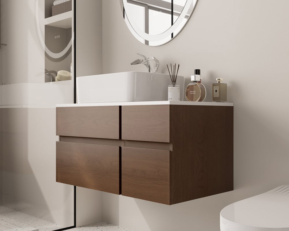 HMR Modern Floating Bathroom Vanity Set with Faux Marble Top & Double Ceramic with Vessel Sink - Walnut, 31.5"