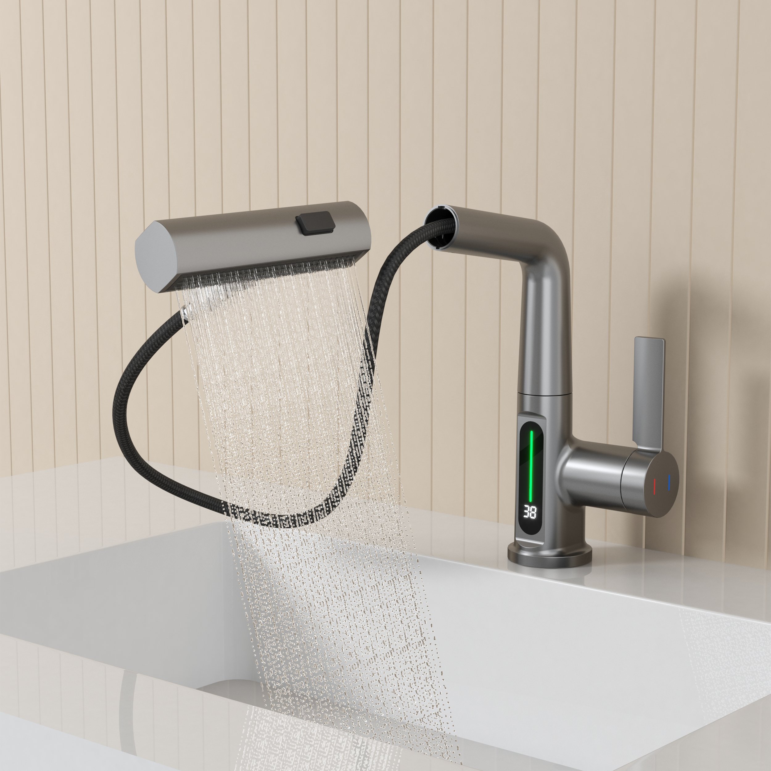 HMR - LED Digital Display Pull-Out Bathroom Faucet with Pull Out Sprayer