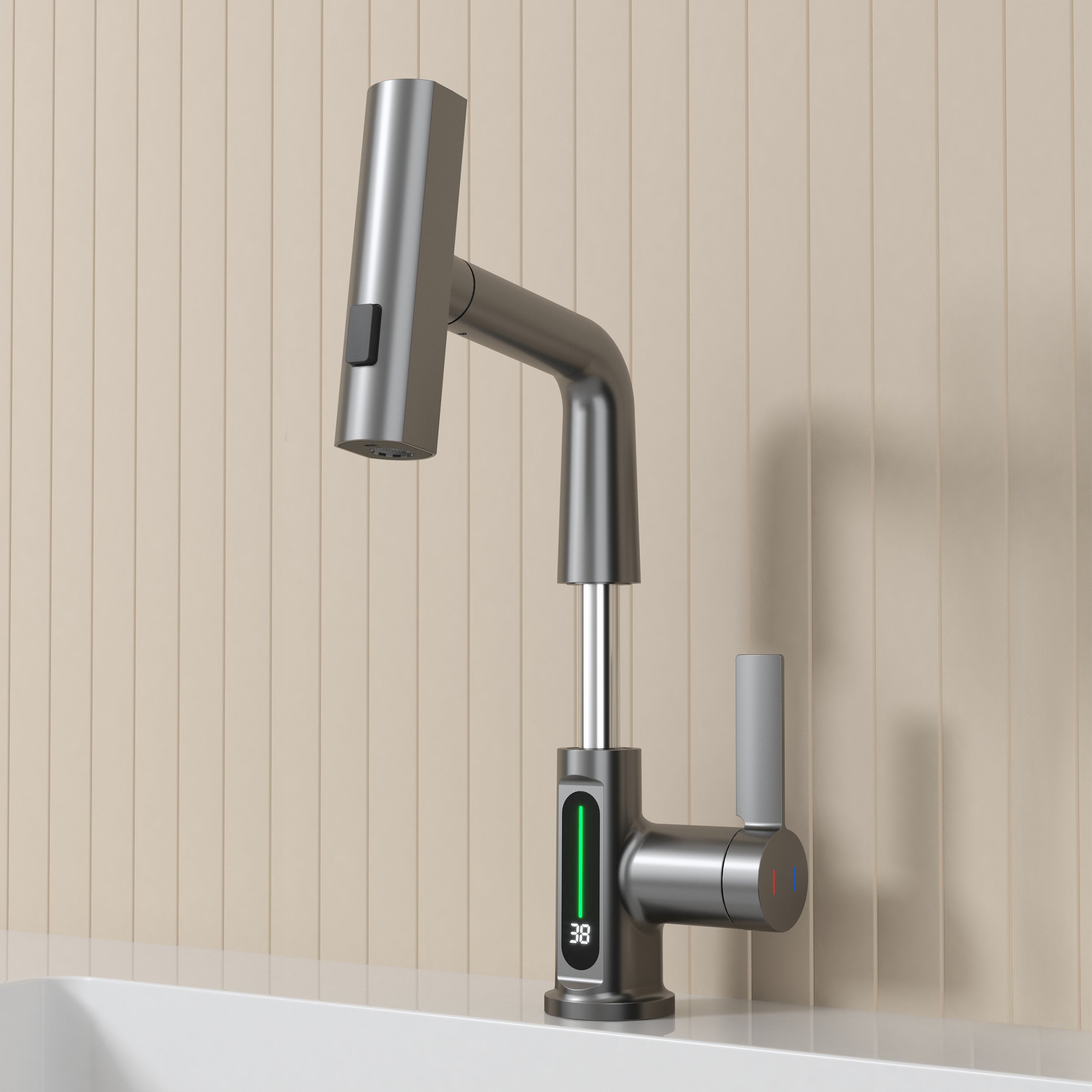 HMR - LED Digital Display Pull-Out Bathroom Faucet with Pull Out Sprayer