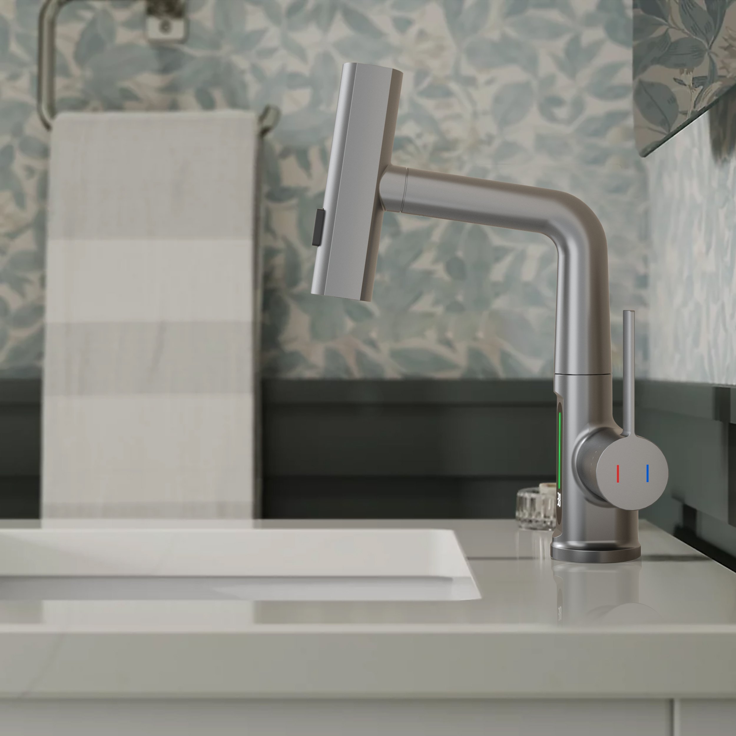 HMR - LED Digital Display Pull-Out Bathroom Faucet with Pull Out Sprayer