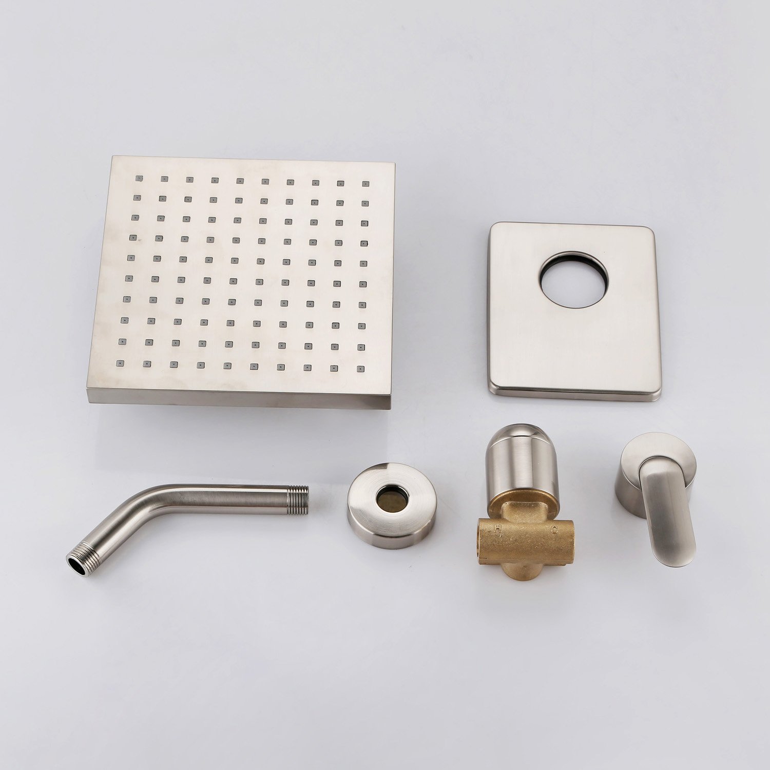 HMR - Modern Square 8" Brass Rainfall Shower Head Wall Mount Rainshower System in Brushed Nick