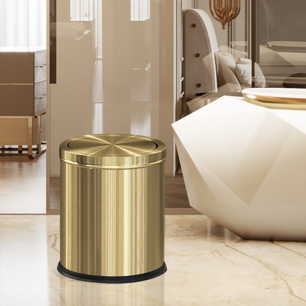 HMR - Gold Round Trash Can Stainless Steel Garbage Can with Swing-Top Lid for Bathroom