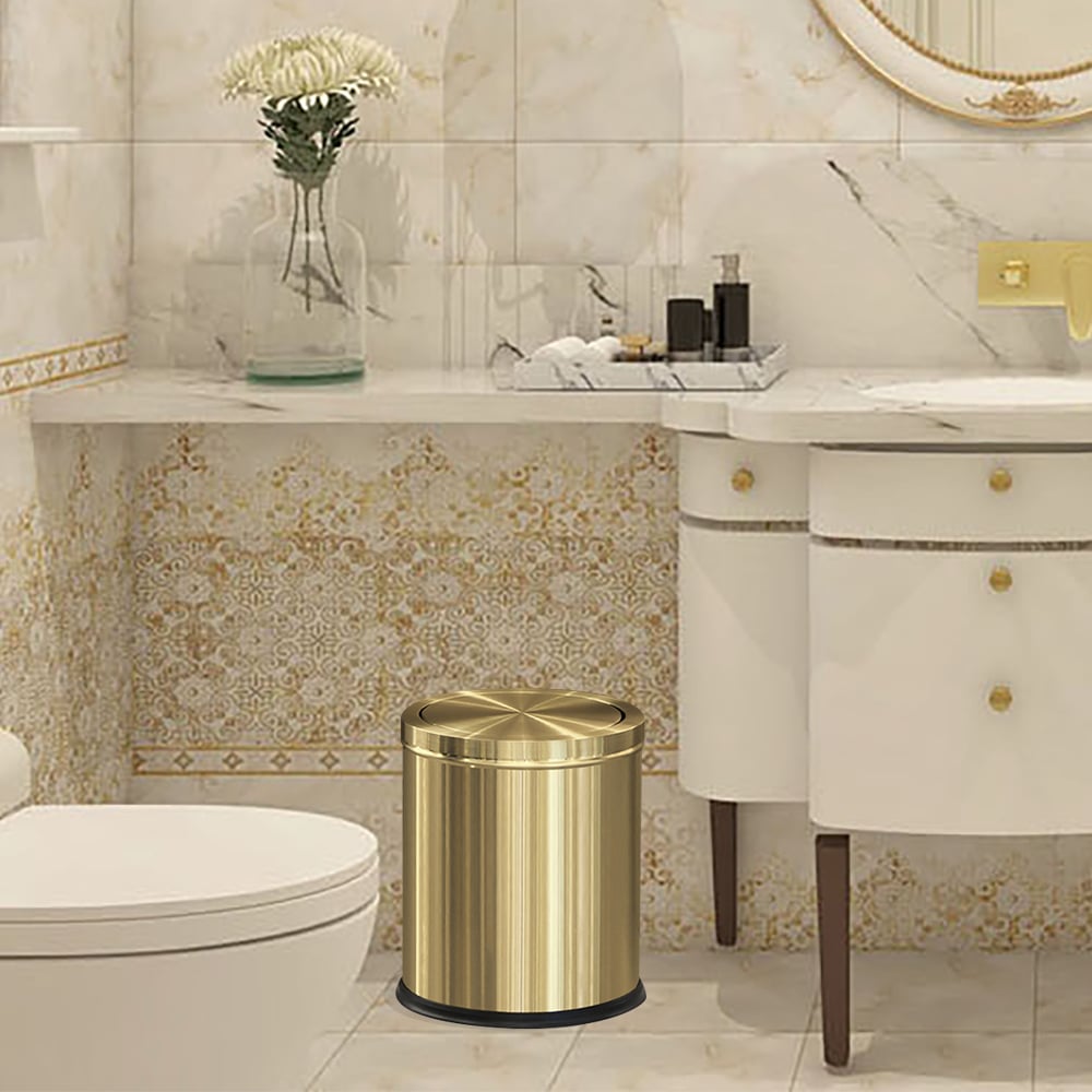 HMR - Gold Round Trash Can Stainless Steel Garbage Can with Swing-Top Lid for Bathroom