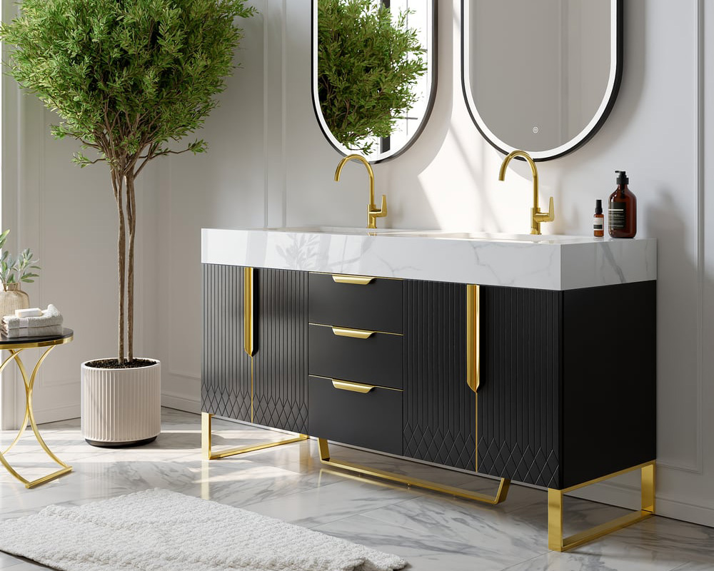HMR Aro Freestanding Single Sink Bathroom Vanity Drawers Doors Faux Marble Top - Black & Gold, Freestanding, Double