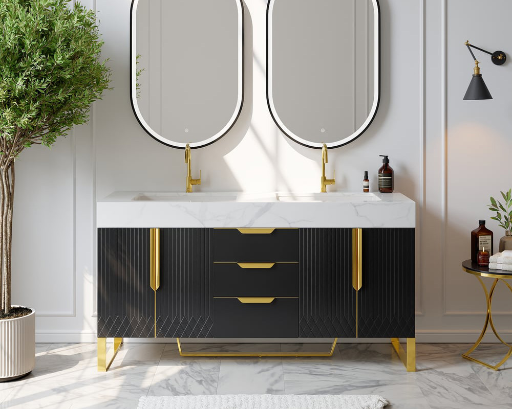 HMR Aro Freestanding Single Sink Bathroom Vanity Drawers Doors Faux Marble Top - Black & Gold, Freestanding, Double