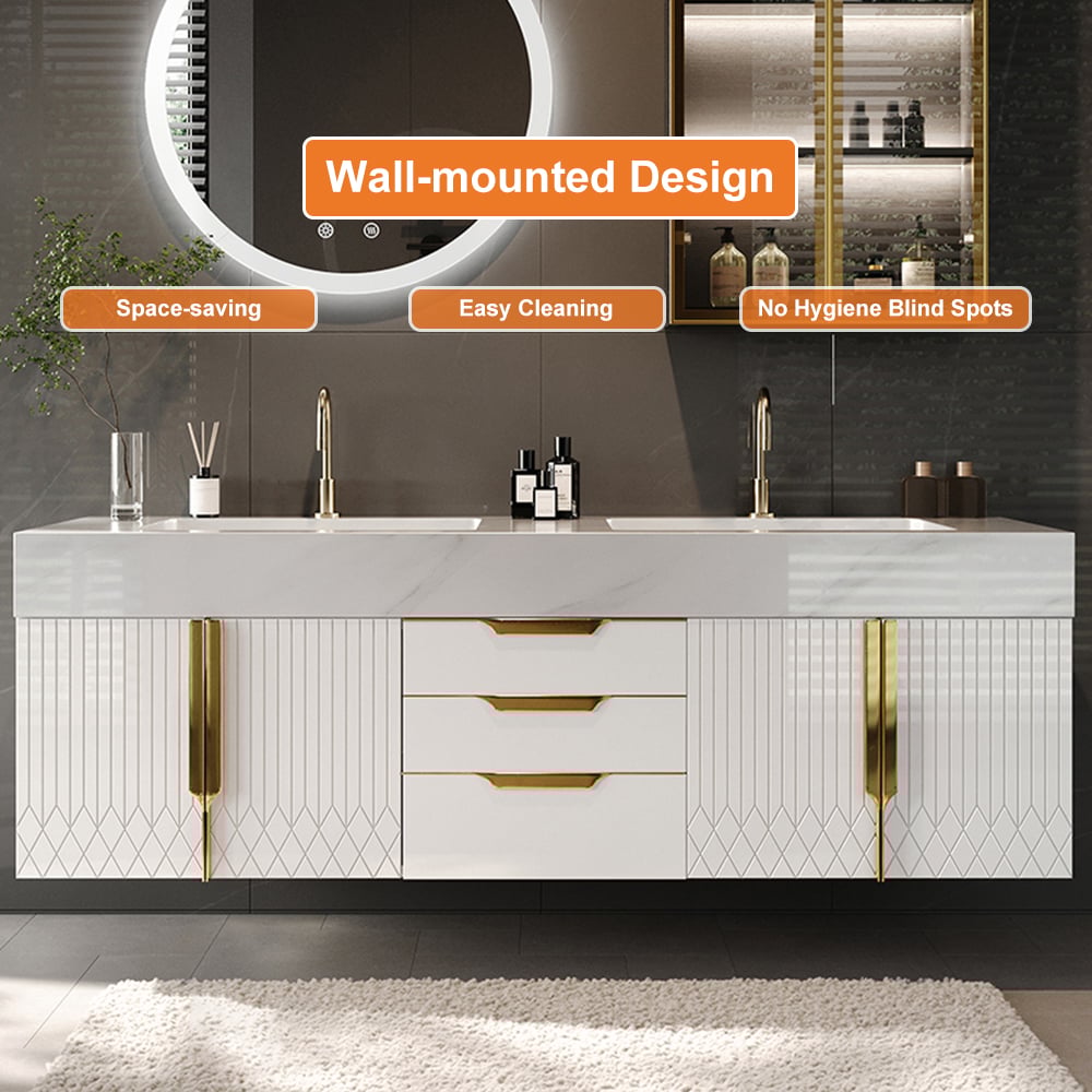 HMR Aro Freestanding Single Sink Bathroom Vanity Drawers Doors Faux Marble Top - White & Gold, Floating / Wall Mounted, Double