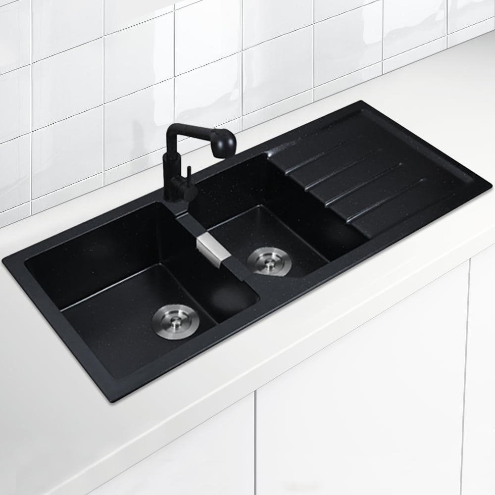 HMR - Black Quartz Kitchen Sink Double Bowl Drop-In Sink with Drain Board