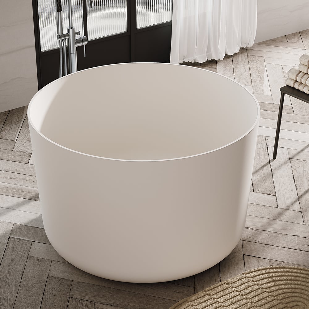 HMR - 41" Japanese Modern Round Freestanding Stone Soaking Bathtub White