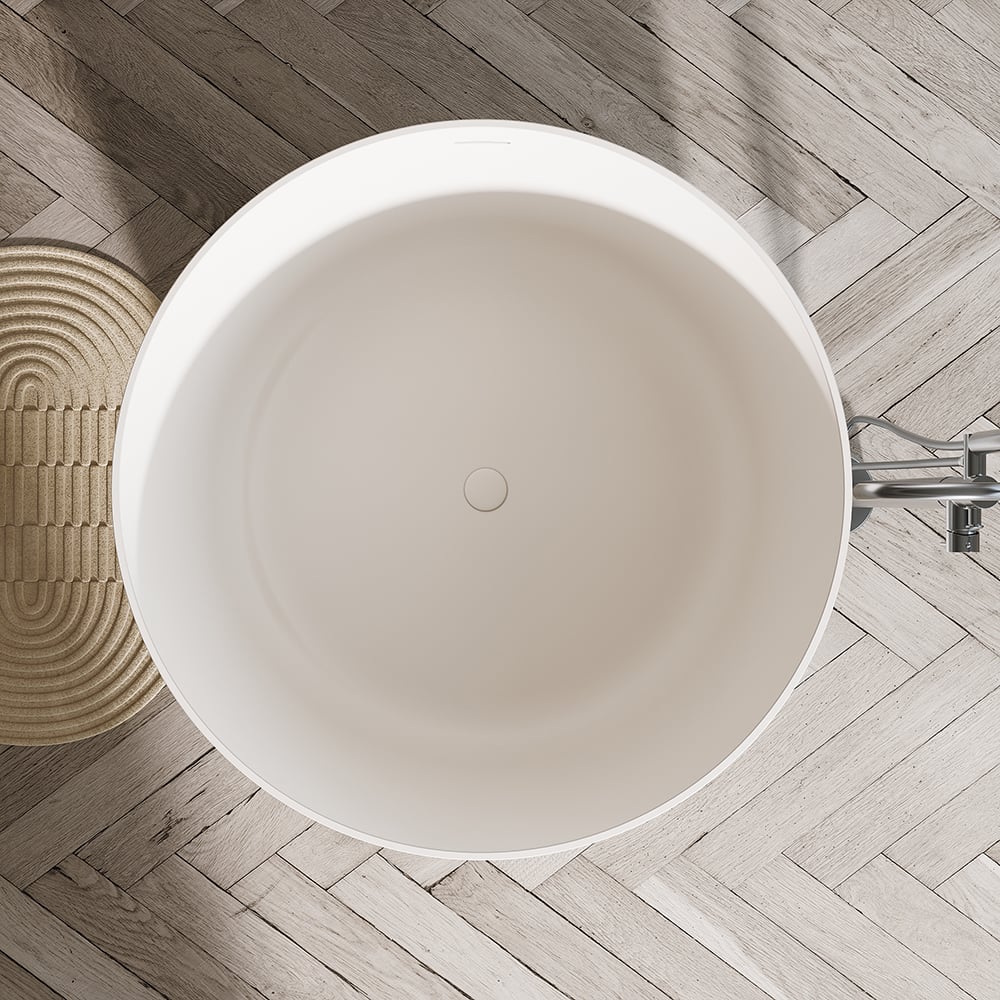 HMR - 41" Japanese Modern Round Freestanding Stone Soaking Bathtub White