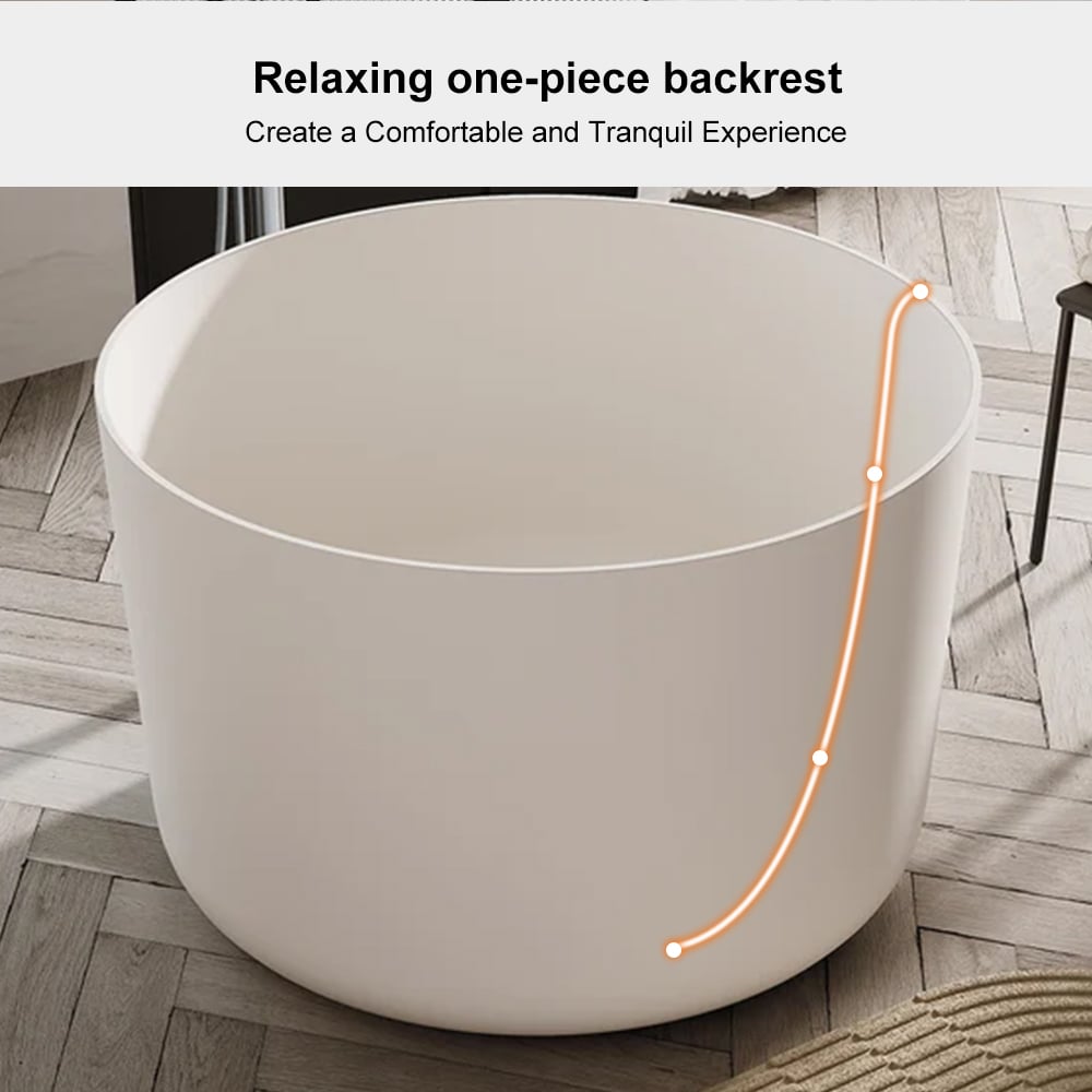 HMR - 41" Japanese Modern Round Freestanding Stone Soaking Bathtub White
