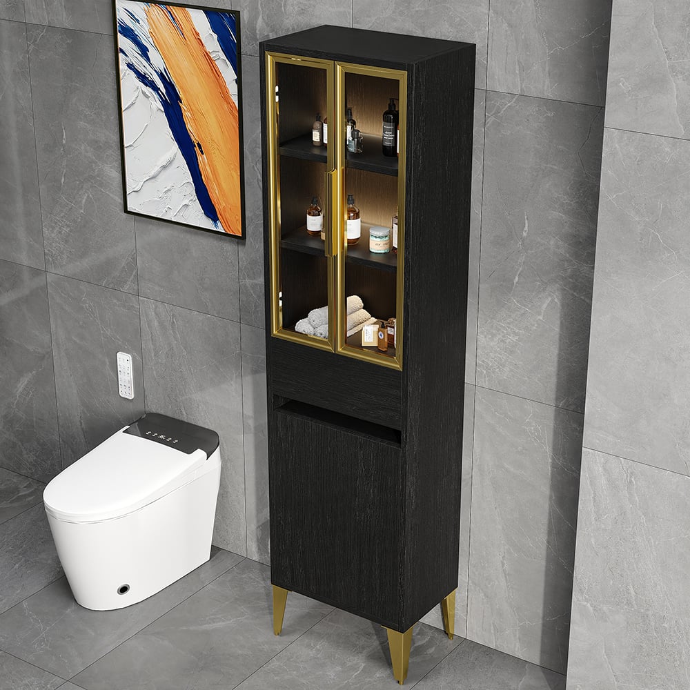 HMR - Freestanding Bathroom Storage Cabinet with LED Lighted in Black & Gold