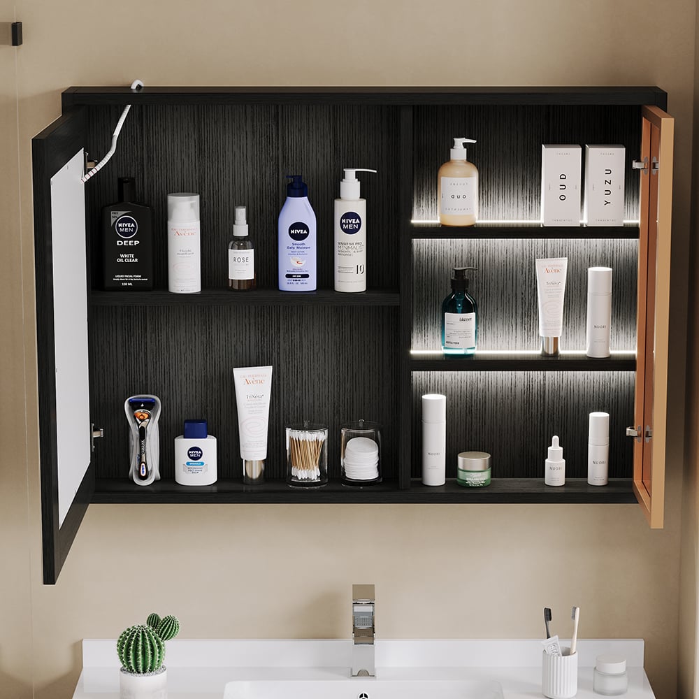 HMR - 40" Black LED Lighted Bathroom Medicine Cabinet Vanity Mirror with Storage & Glass Door