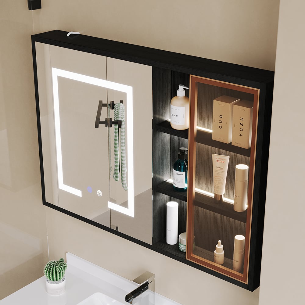 HMR - 40" Black LED Lighted Bathroom Medicine Cabinet Vanity Mirror with Storage & Glass Door