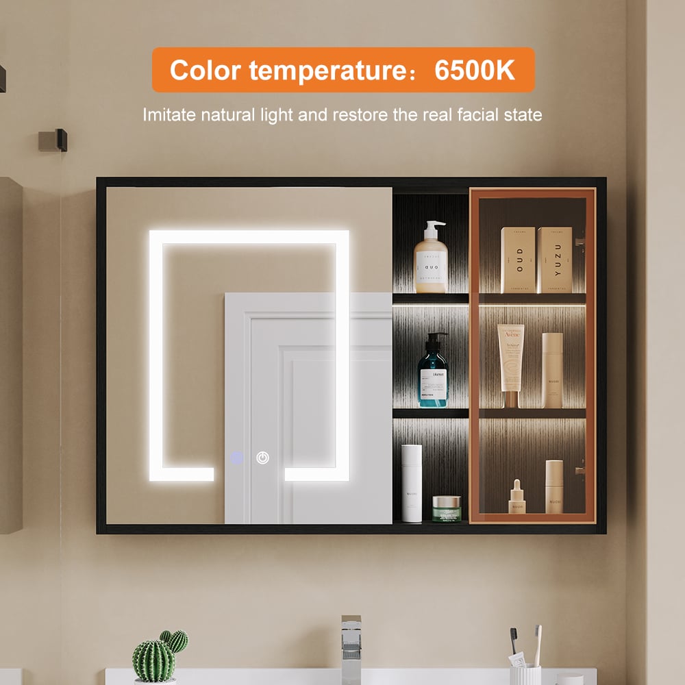 HMR - 40" Black LED Lighted Bathroom Medicine Cabinet Vanity Mirror with Storage & Glass Door
