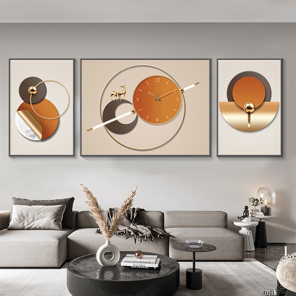 HMR - 3Pcs Geometric Wall Clock Decor Set Modern Canvas Painting Wall Art with Aluminum Frame