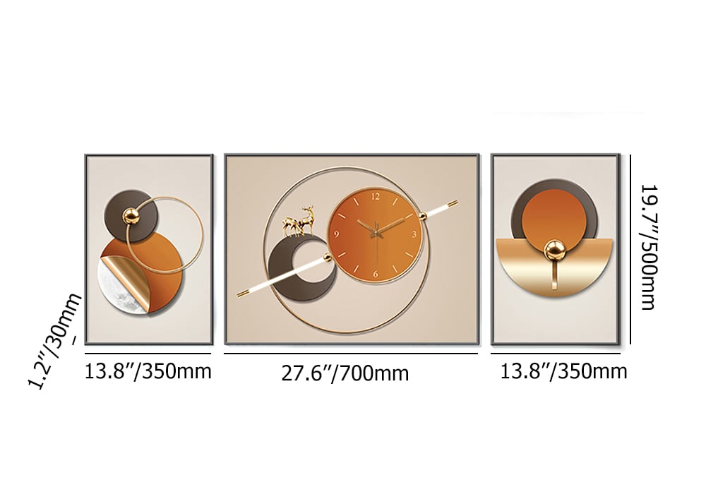 HMR - 3Pcs Geometric Wall Clock Decor Set Modern Canvas Painting Wall Art with Aluminum Frame