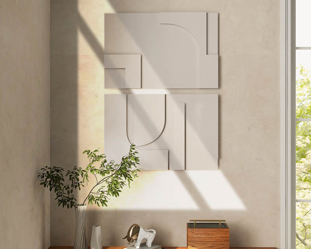 HMR 2 Pieces Japandi Abstract Wood Wall Decor for Living Room 3D Hanging Art - White, 23.6"W x 1.2"D x 15.7"H