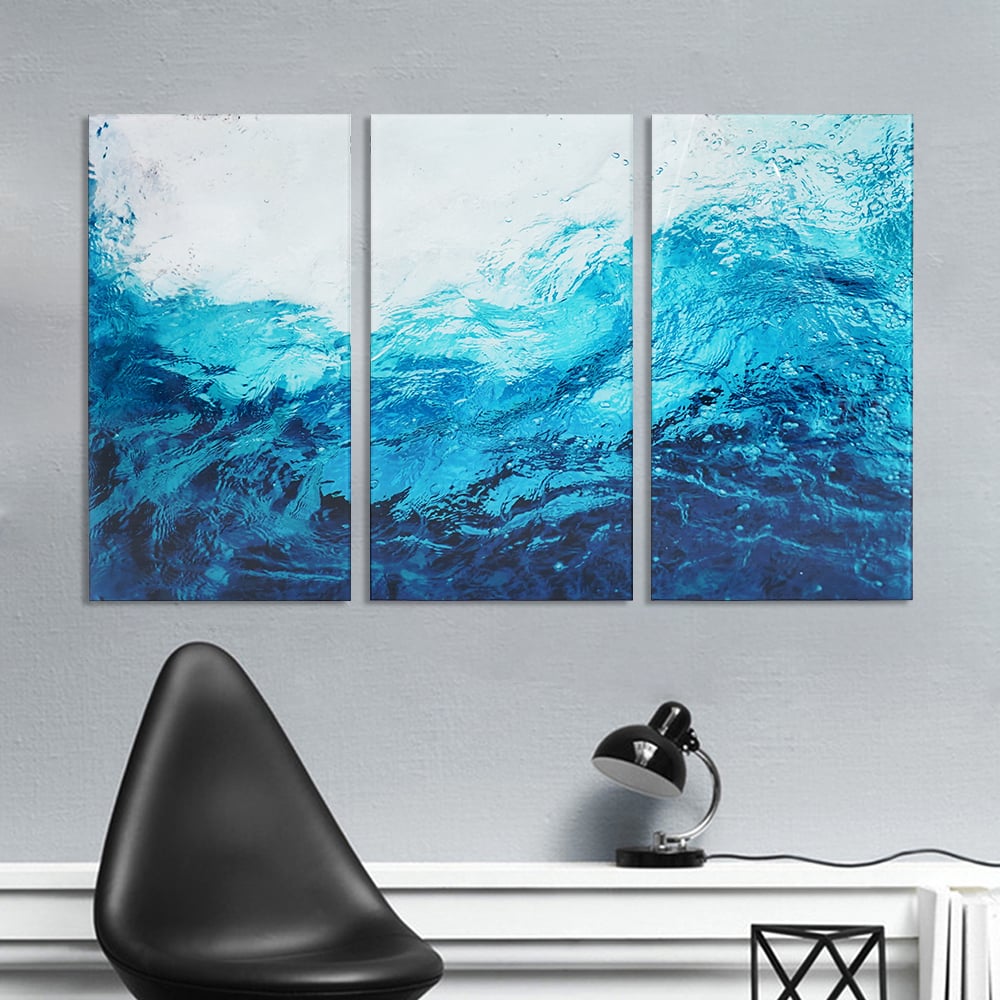 HMR - 3 Pieces Coastal Tempered Glass Wall Art Large Rectangle Ocean Sea Wave Hanging Decor