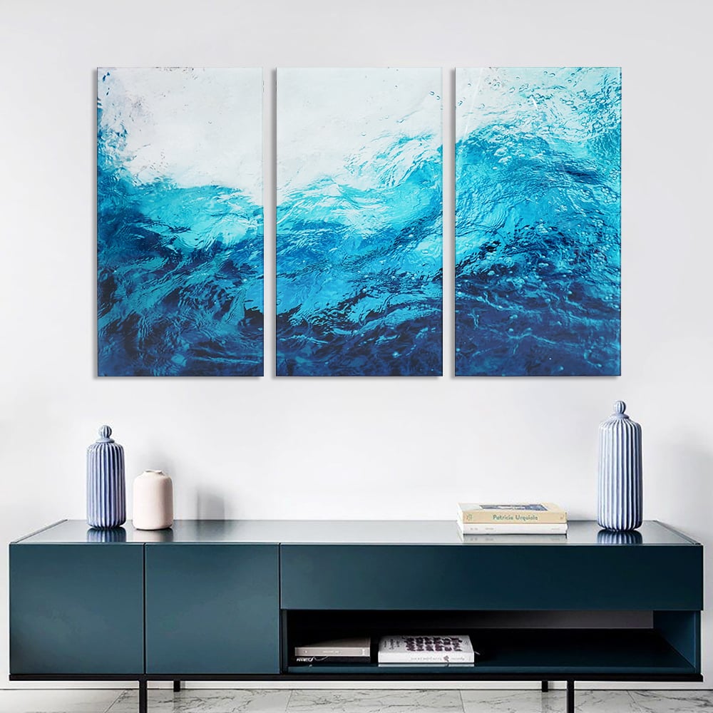 HMR - 3 Pieces Coastal Tempered Glass Wall Art Large Rectangle Ocean Sea Wave Hanging Decor