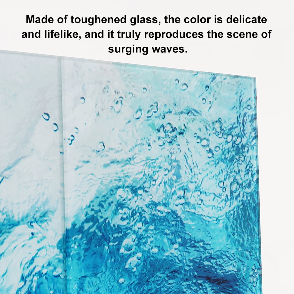 HMR - 3 Pieces Coastal Tempered Glass Wall Art Large Rectangle Ocean Sea Wave Hanging Decor